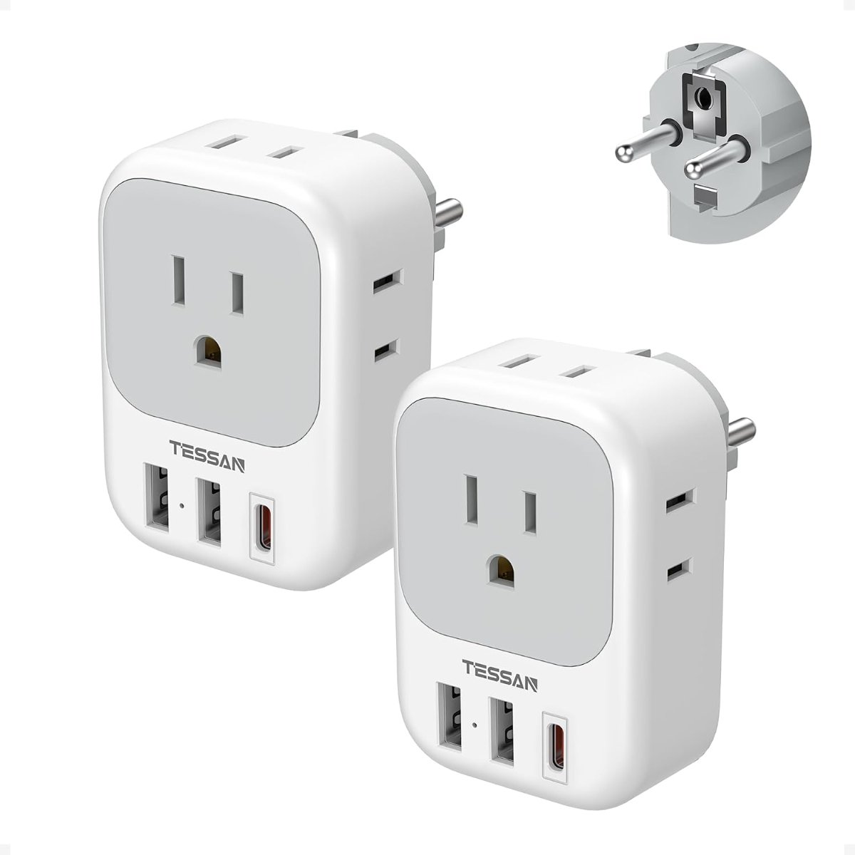 TESSAN 2 Pack Type E/F Plug Adapter (Schuko)