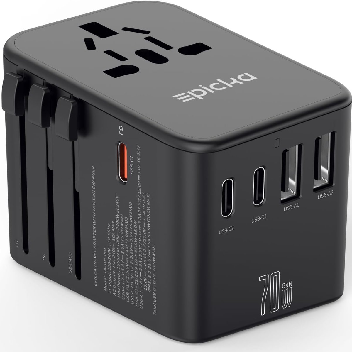 Epicka 70W GaN PD Universal Travel Adapter, 3 USB-C/2 USB-A